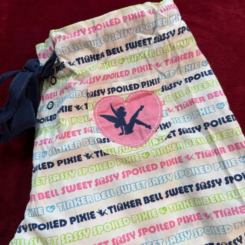 Disney Tinker Bell Pajama Pants S Sweet Sassy Spoiled Pixie Cotton Lounge White - Picture 2 of 9